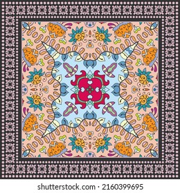 Decorative doodle ornament, symmetric pattern with frame. Tribal ethnic mandala decor. Bandana shawl, hijab, tablecloth fabric print, silk neck scarf, kerchief design. Colorful geometric background