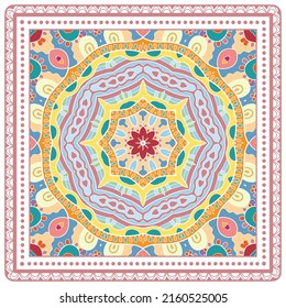 Decorative doodle ornament, symmetric pattern with lace frame. Tribal ethnic mandala decor. Bandana shawl, hijab, tablecloth fabric print, silk neck scarf, kerchief design. Colorful vector background