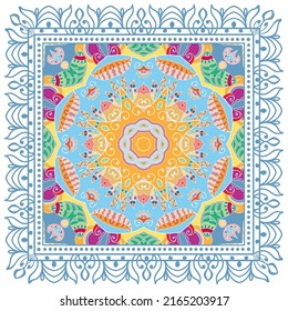 Ornamento doodle decorativo, patrón simétrico con marco de encaje. Decoración de mandala étnica tribal. Chal de andana, hijab, estampado de tela de mantel, pañuelo de cuello de seda, diseño de pañuelos. Fondo de vector colorido