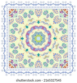 Ornamento doodle decorativo, patrón simétrico con marco de encaje. Decoración de mandala étnica tribal. Chal de andana, hijab, estampado de tela de mantel, pañuelo de cuello de seda, diseño de pañuelos. Fondo de vector colorido
