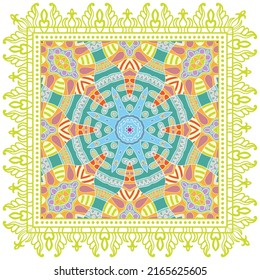 Decorative doodle ornament, symmetric pattern with lace frame. Tribal ethnic mandala decor. Bandana shawl, hijab, tablecloth fabric print, silk neck scarf, kerchief design. Colorful vector background