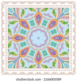 Decorative doodle ornament, symmetric pattern with lace frame. Tribal ethnic mandala decor. Bandana shawl, hijab, tablecloth fabric print, silk neck scarf, kerchief design. Colorful vector background