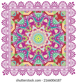 Ornamento doodle decorativo, patrón simétrico con marco de encaje. Decoración de mandala étnica tribal. Chal de andana, hijab, estampado de tela de mantel, pañuelo de cuello de seda, diseño de pañuelos. Fondo de vector colorido