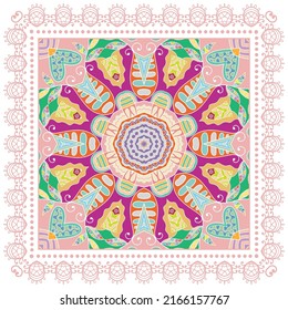 Decorative doodle ornament, symmetric pattern with lace frame. Tribal ethnic mandala decor. Bandana shawl, hijab, tablecloth fabric print, silk neck scarf, kerchief design. Colorful vector background