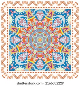 Decorative doodle ornament, symmetric pattern with lace frame. Tribal ethnic mandala decor. Bandana shawl, hijab, tablecloth fabric print, silk neck scarf, kerchief design. Colorful vector background
