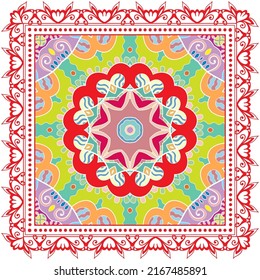 Ornamento doodle decorativo, patrón simétrico con marco de encaje. Decoración de mandala étnica tribal. Chal de andana, hijab, estampado de tela de mantel, pañuelo de cuello de seda, diseño de pañuelos. Fondo de vector colorido