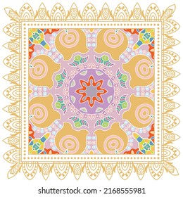 Decorative doodle ornament, symmetric pattern with lace frame. Tribal ethnic mandala decor. Bandana shawl, hijab, tablecloth fabric print, silk neck scarf, kerchief design. Colorful vector background