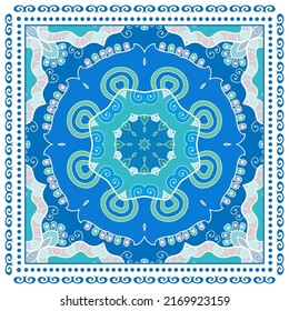 Dekorative Doodle-Ornament, symmetrisches Muster mit Spitzenrahmen. Ethnisch-ethnische Mandalendekor. Bandana-Schal, Hijab, Tischdecken-Stoffdruck, Seidenhalsschal, Kerochdesign. Farbiger Vektorhintergrund