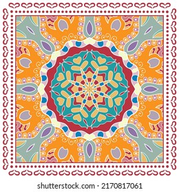 Decorative doodle ornament, symmetric pattern with lace frame. Tribal ethnic mandala decor. Bandana shawl, hijab, tablecloth fabric print, silk neck scarf, kerchief design. Colorful vector background