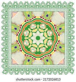 Decorative doodle ornament, symmetric pattern with lace frame. Tribal ethnic mandala decor. Bandana shawl, hijab, tablecloth fabric print, silk neck scarf, kerchief design. Colorful vector background