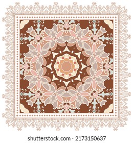 Decorative doodle ornament, symmetric pattern with lace frame. Tribal ethnic mandala decor. Bandana shawl, hijab, tablecloth fabric print, silk neck scarf, kerchief design. Colorful vector background