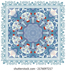 Decorative doodle ornament, symmetric pattern with lace frame. Tribal ethnic mandala decor. Bandana shawl, hijab, tablecloth fabric print, silk neck scarf, kerchief design. Colorful vector background