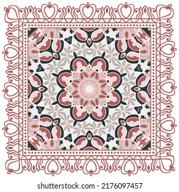 Dekorative Doodle-Ornament, symmetrisches Muster mit Spitzenrahmen. Ethnisch-ethnische Mandalendekor. Bandana-Schal, Hijab, Tischdecken-Stoffdruck, Seidenhalsschal, Kerochdesign. Farbiger Vektorhintergrund