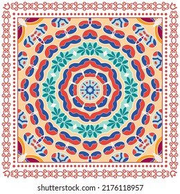 Decorative doodle ornament, symmetric pattern with lace frame. Tribal ethnic mandala decor. Bandana shawl, hijab, tablecloth fabric print, silk neck scarf, kerchief design. Colorful vector background