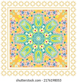 Decorative doodle ornament, symmetric pattern with lace frame. Tribal ethnic mandala decor. Bandana shawl, hijab, tablecloth fabric print, silk neck scarf, kerchief design. Colorful vector background