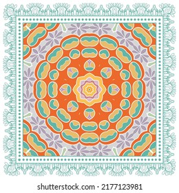 Ornamento doodle decorativo, patrón simétrico con marco de encaje. Decoración de mandala étnica tribal. Chal de andana, hijab, estampado de tela de mantel, pañuelo de cuello de seda, diseño de pañuelos. Fondo de vector colorido