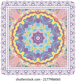 Decorative doodle ornament, symmetric pattern with lace frame. Tribal ethnic mandala decor. Bandana shawl, hijab, tablecloth fabric print, silk neck scarf, kerchief design. Colorful vector background