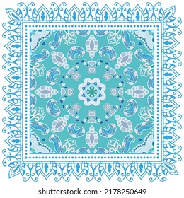 Decorative doodle ornament, symmetric pattern with lace frame. Tribal ethnic mandala decor. Bandana shawl, hijab, tablecloth fabric print, silk neck scarf, kerchief design. Colorful vector background