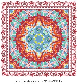 Decorative doodle ornament, symmetric pattern with lace frame. Tribal ethnic mandala decor. Bandana shawl, hijab, tablecloth fabric print, silk neck scarf, kerchief design. Colorful vector background