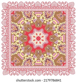 Ornamento doodle decorativo, patrón simétrico con marco de encaje. Decoración de mandala étnica tribal. Chal de andana, hijab, estampado de tela de mantel, pañuelo de cuello de seda, diseño de pañuelos. Fondo de vector colorido