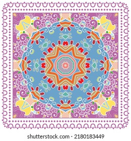 Decorative doodle ornament, symmetric pattern with lace frame. Tribal ethnic mandala decor. Bandana shawl, hijab, tablecloth fabric print, silk neck scarf, kerchief design. Colorful vector background