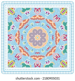 Decorative doodle ornament, symmetric pattern with lace frame. Tribal ethnic mandala decor. Bandana shawl, hijab, tablecloth fabric print, silk neck scarf, kerchief design. Colorful vector background