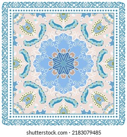 Decorative doodle ornament, symmetric pattern with lace frame. Tribal ethnic mandala decor. Bandana shawl, hijab, tablecloth fabric print, silk neck scarf, kerchief design. Colorful vector background