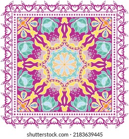 Decorative doodle ornament, symmetric pattern with lace frame. Tribal ethnic mandala decor. Bandana shawl, hijab, tablecloth fabric print, silk neck scarf, kerchief design. Colorful vector background