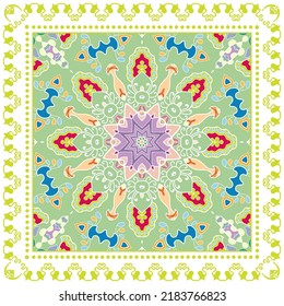 Decorative doodle ornament, symmetric pattern with lace frame. Tribal ethnic mandala decor. Bandana shawl, hijab, tablecloth fabric print, silk neck scarf, kerchief design. Colorful vector background