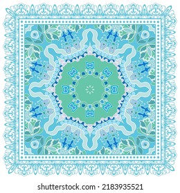 Ornamento doodle decorativo, patrón simétrico con marco de encaje. Decoración de mandala étnica tribal. Chal de andana, hijab, estampado de tela de mantel, pañuelo de cuello de seda, diseño de pañuelos. Fondo de vector colorido
