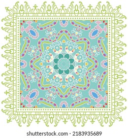 Dekorative Doodle-Ornament, symmetrisches Muster mit Spitzenrahmen. Ethnisch-ethnische Mandalendekor. Bandana-Schal, Hijab, Tischdecken-Stoffdruck, Seidenhalsschal, Kerochdesign. Farbiger Vektorhintergrund