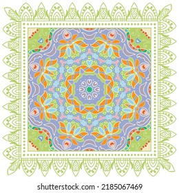 Decorative doodle ornament, symmetric pattern with lace frame. Tribal ethnic mandala decor. Bandana shawl, hijab, tablecloth fabric print, silk neck scarf, kerchief design. Colorful vector background