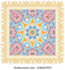 Decorative doodle ornament, symmetric pattern with lace frame. Tribal ethnic mandala decor. Bandana shawl, hijab, tablecloth fabric print, silk neck scarf, kerchief design. Colorful vector background