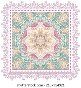 Decorative doodle ornament, symmetric pattern with lace frame. Tribal ethnic mandala decor. Bandana shawl, hijab, tablecloth fabric print, silk neck scarf, kerchief design. Colorful vector background