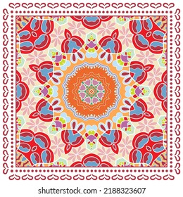 Ornamento doodle decorativo, patrón simétrico con marco de encaje. Decoración de mandala étnica tribal. Chal de andana, hijab, estampado de tela de mantel, pañuelo de cuello de seda, diseño de pañuelos. Fondo de vector colorido
