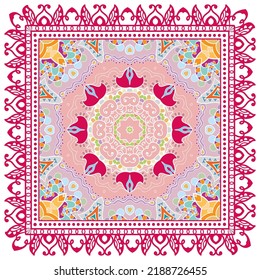 Decorative doodle ornament, symmetric pattern with lace frame. Tribal ethnic mandala decor. Bandana shawl, hijab, tablecloth fabric print, silk neck scarf, kerchief design. Colorful vector background