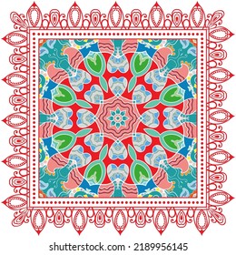 Decorative doodle ornament, symmetric pattern with lace frame. Tribal ethnic mandala decor. Bandana shawl, hijab, tablecloth fabric print, silk neck scarf, kerchief design. Colorful vector background