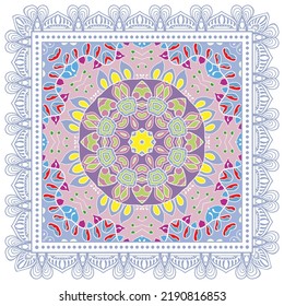 Decorative doodle ornament, symmetric pattern with lace frame. Tribal ethnic mandala decor. Bandana shawl, hijab, tablecloth fabric print, silk neck scarf, kerchief design. Colorful vector background