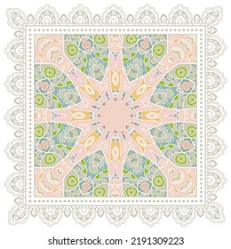 Decorative doodle ornament, symmetric pattern with lace frame. Tribal ethnic mandala decor. Bandana shawl, hijab, tablecloth fabric print, silk neck scarf, kerchief design. Colorful vector background