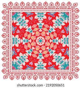 Ornamento doodle decorativo, patrón simétrico con marco de encaje. Decoración de mandala étnica tribal. Chal de andana, hijab, estampado de tela de mantel, pañuelo de cuello de seda, diseño de pañuelos. Fondo de vector colorido