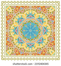 Decorative doodle ornament, symmetric pattern with lace frame. Tribal ethnic mandala decor. Bandana shawl, hijab, tablecloth fabric print, silk neck scarf, kerchief design. Colorful vector background