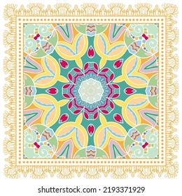 Decorative doodle ornament, symmetric pattern with lace frame. Tribal ethnic mandala decor. Bandana shawl, hijab, tablecloth fabric print, silk neck scarf, kerchief design. Colorful vector background