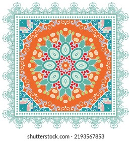 Decorative doodle ornament, symmetric pattern with lace frame. Tribal ethnic mandala decor. Bandana shawl, hijab, tablecloth fabric print, silk neck scarf, kerchief design. Colorful vector background