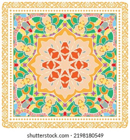 Decorative doodle ornament, symmetric pattern with lace frame. Tribal ethnic mandala decor. Bandana shawl, hijab, tablecloth fabric print, silk neck scarf, kerchief design. Colorful vector background