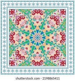 Decorative doodle ornament, symmetric pattern with lace frame. Tribal ethnic mandala decor. Bandana shawl, hijab, tablecloth fabric print, silk neck scarf, kerchief design. Colorful vector background