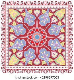 Décoration doodle décorative, motif symétrique avec cadre en dentelle. Décor de mandala ethnique tribale. Bardeaux de banane, hijab, nappe à éclat, écharpe à cou de soie, créateur de mouchoir. Arrière-plan vectoriel coloré