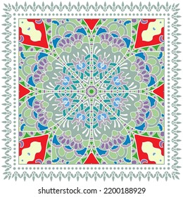 Decorative doodle ornament, symmetric pattern with lace frame. Tribal ethnic mandala decor. Bandana shawl, hijab, tablecloth fabric print, silk neck scarf, kerchief design. Colorful vector background