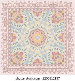 Decorative doodle ornament, symmetric pattern with lace frame. Tribal ethnic mandala decor. Bandana shawl, hijab, tablecloth fabric print, silk neck scarf, kerchief design. Colorful vector background