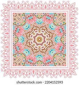 Decorative doodle ornament, symmetric pattern with lace frame. Tribal ethnic mandala decor. Bandana shawl, hijab, tablecloth fabric print, silk neck scarf, kerchief design. Colorful vector background