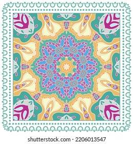 Dekorative Doodle-Ornament, symmetrisches Muster mit Spitzenrahmen. Ethnisch-ethnische Mandalendekor. Bandana-Schal, Hijab, Tischdecken-Stoffdruck, Seidenhalsschal, Kerochdesign. Farbiger Vektorhintergrund